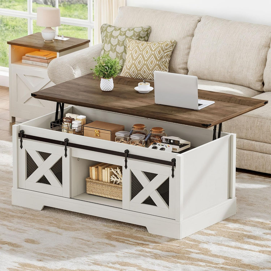 Rustic Farmhouse Coffee Table with Lift Top, Storage, Barn Door, Brown and White