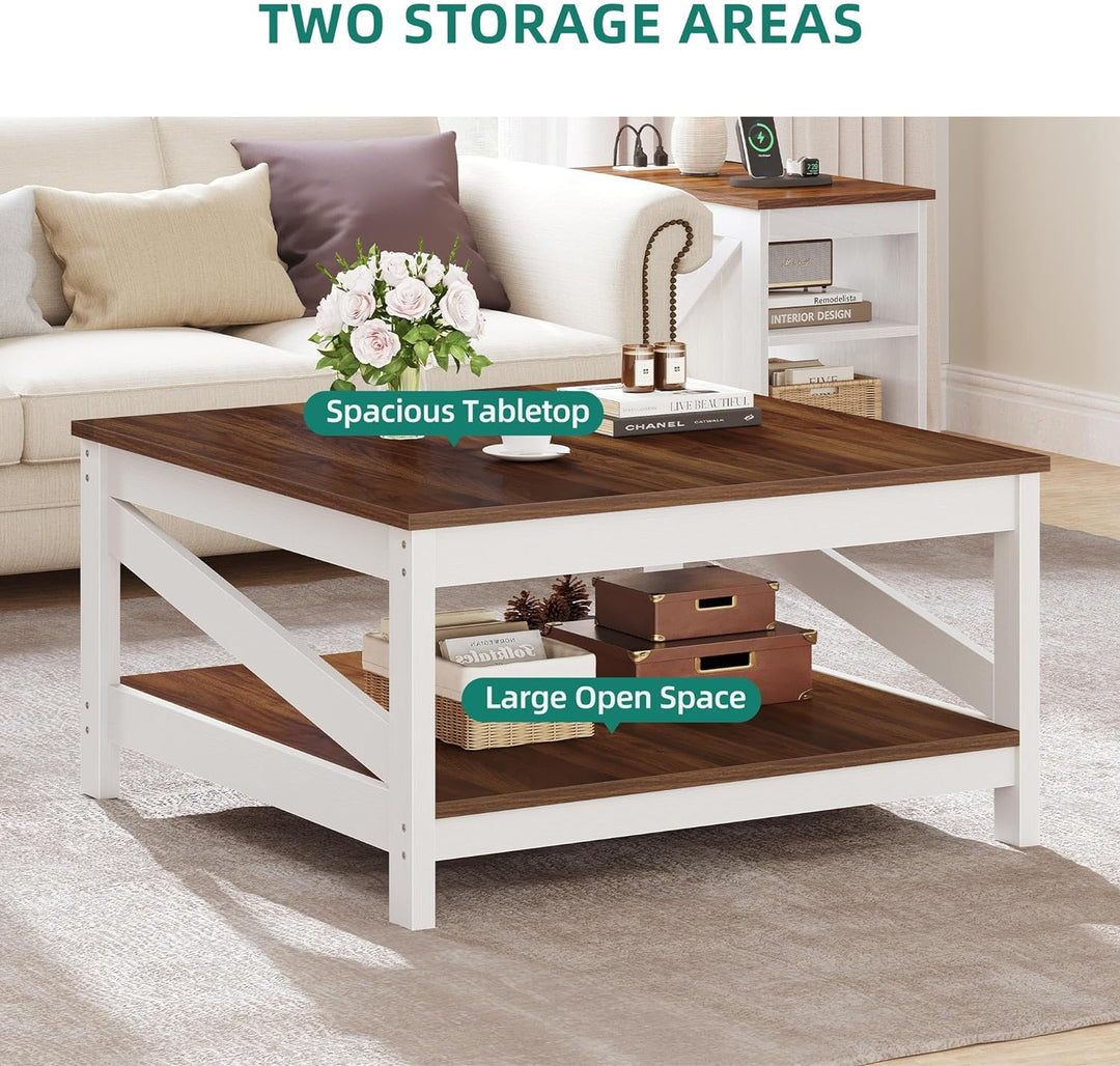 Farmhouse Coffee Table, Square Wood Coffee Table with Storage, White