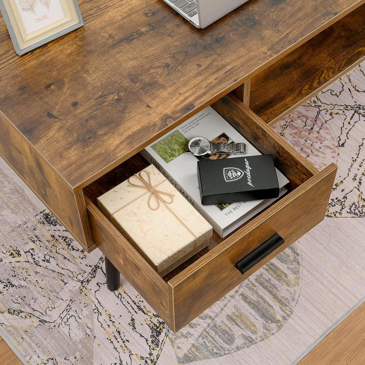 Rustic Mid-Century Coffee Table with Drawer and Shelf, Rustic Brown