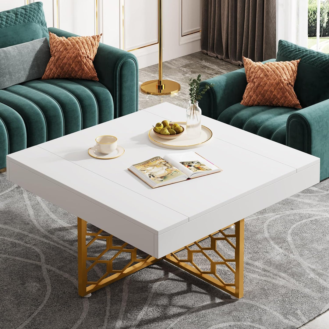 Elegant White and Gold Square Coffee Table for Living Room