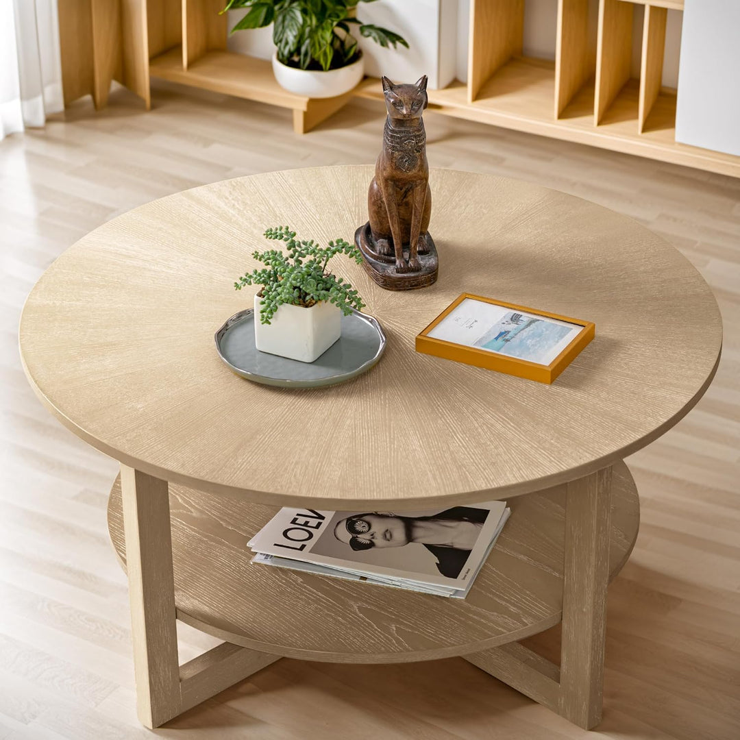 Stylish Round Coffee Table with 2-Tier Storage, Solid Wood Legs, Light Oak Brown