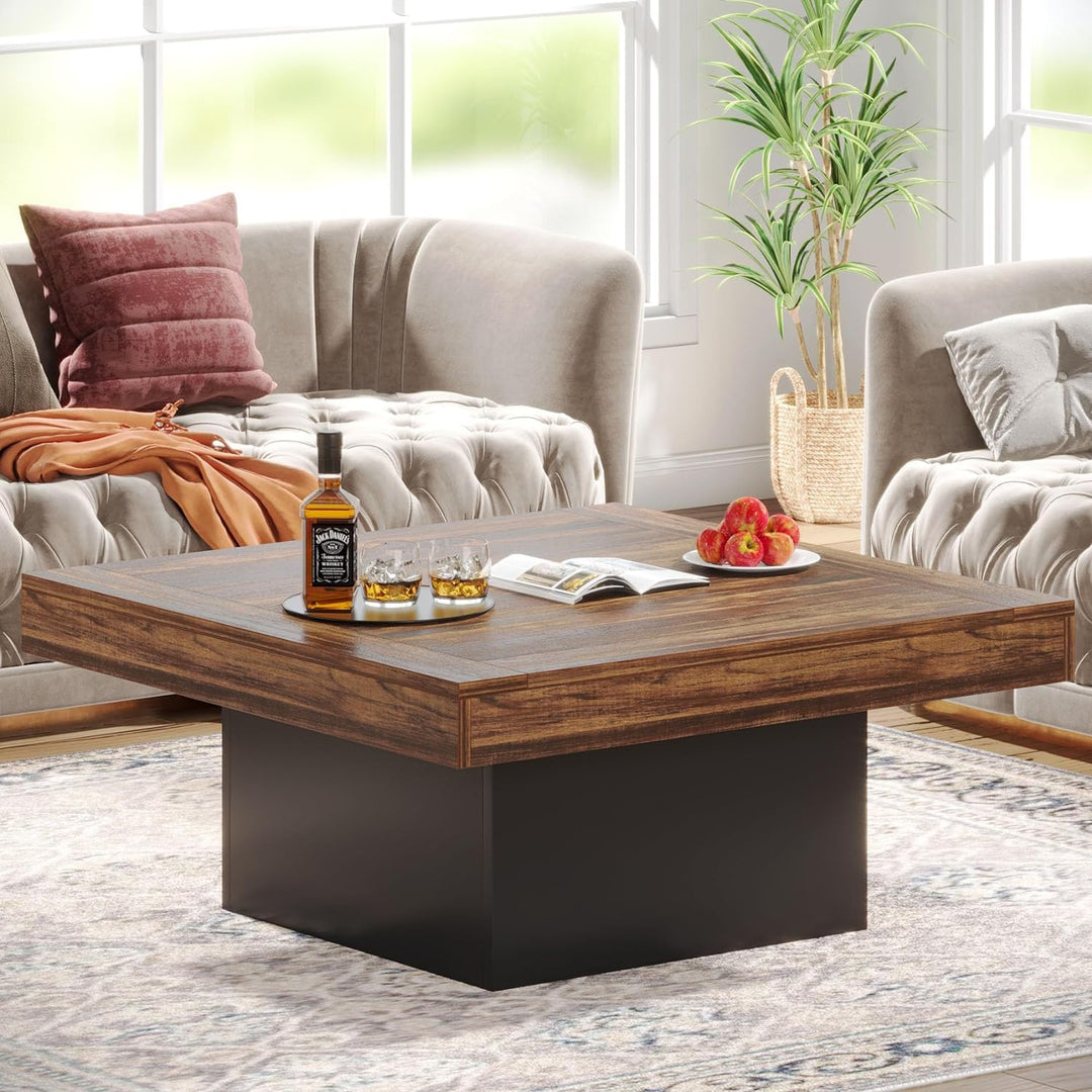 Tribesigns Square LED Coffee Table, Rustic Brown & Black