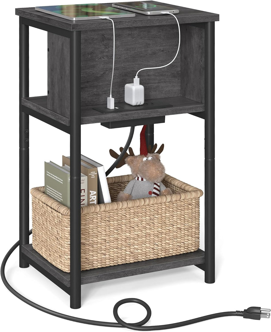 3-Tier End Table w/ USB, Outlets, Misty Gray & Black