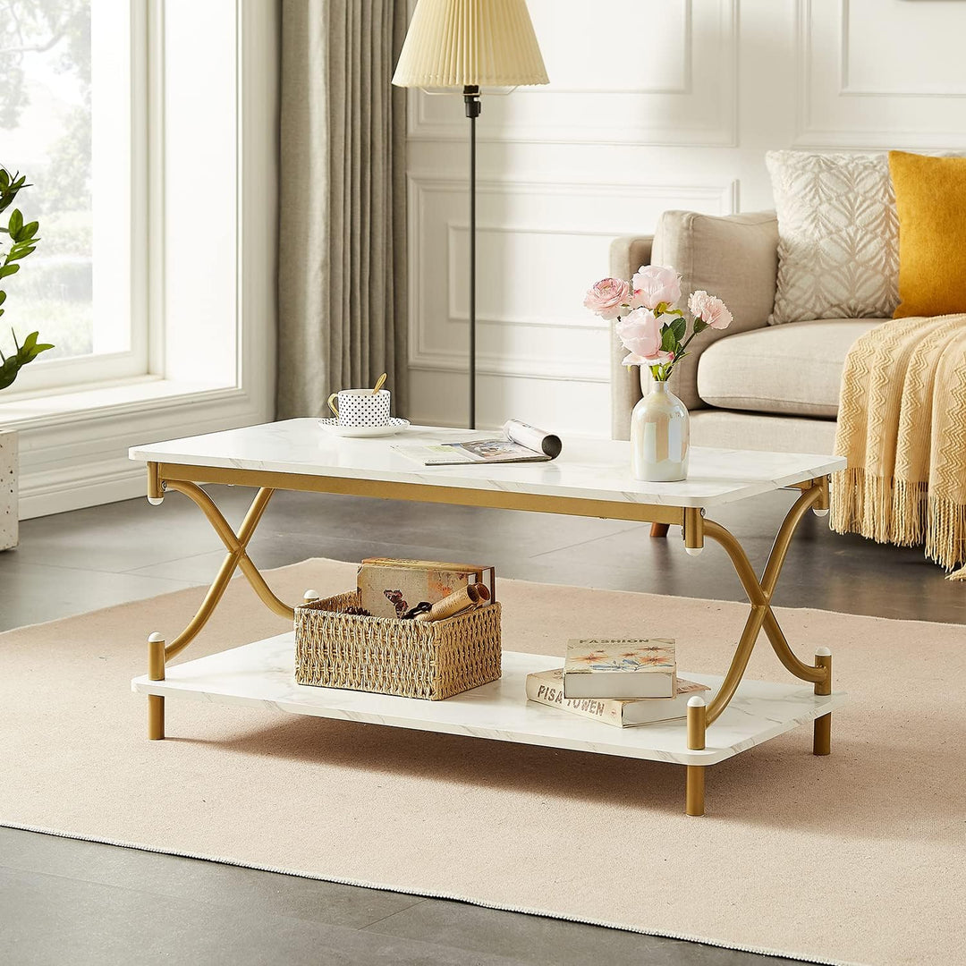 Versatile White and Gold Coffee Table, Modern Rectangle Design