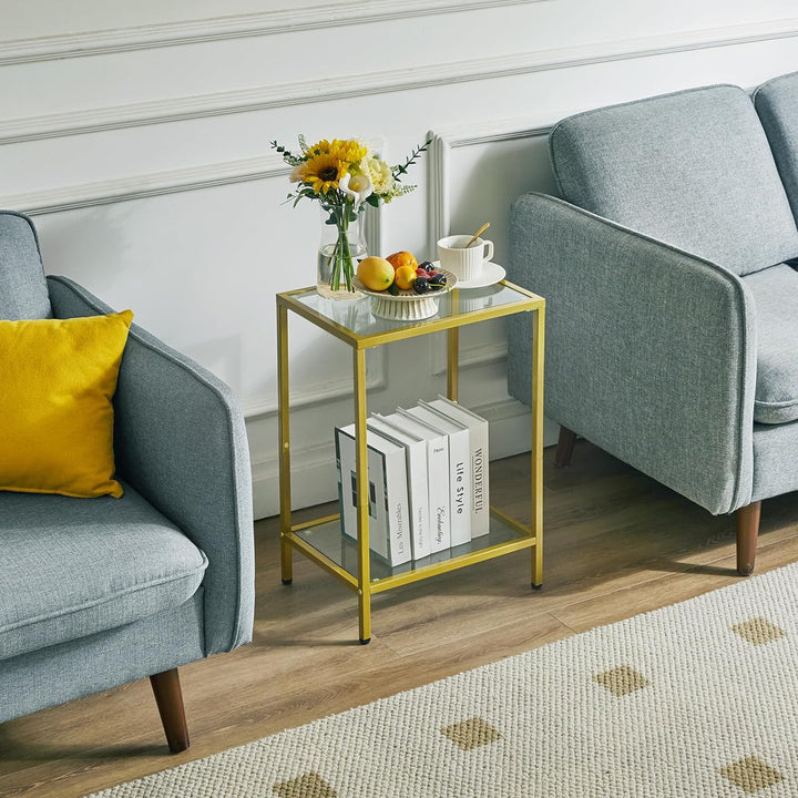 Tempered Glass Side Table, 2 Tier End Table, Gold