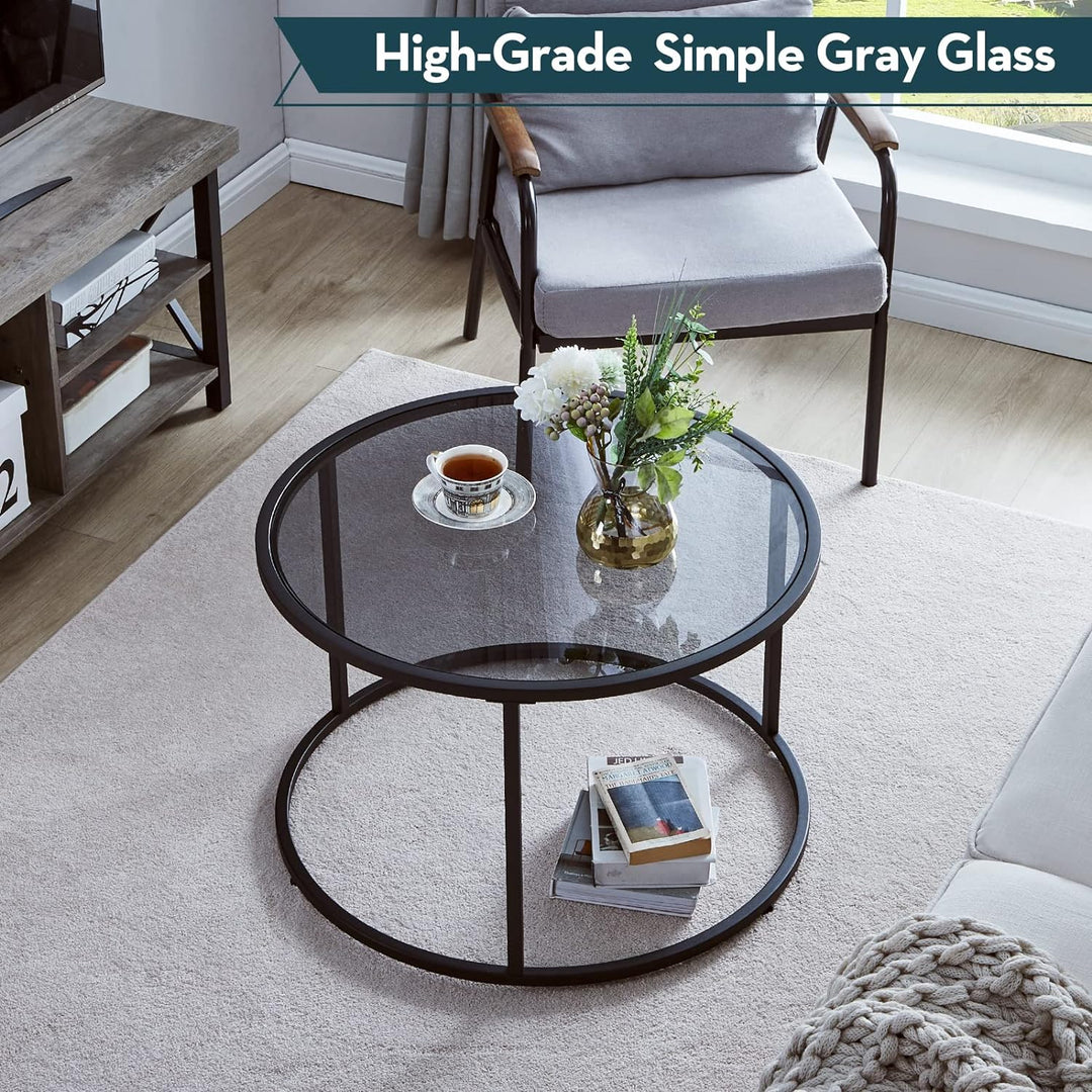 Round Coffee Table Glass Center Table Gray Black