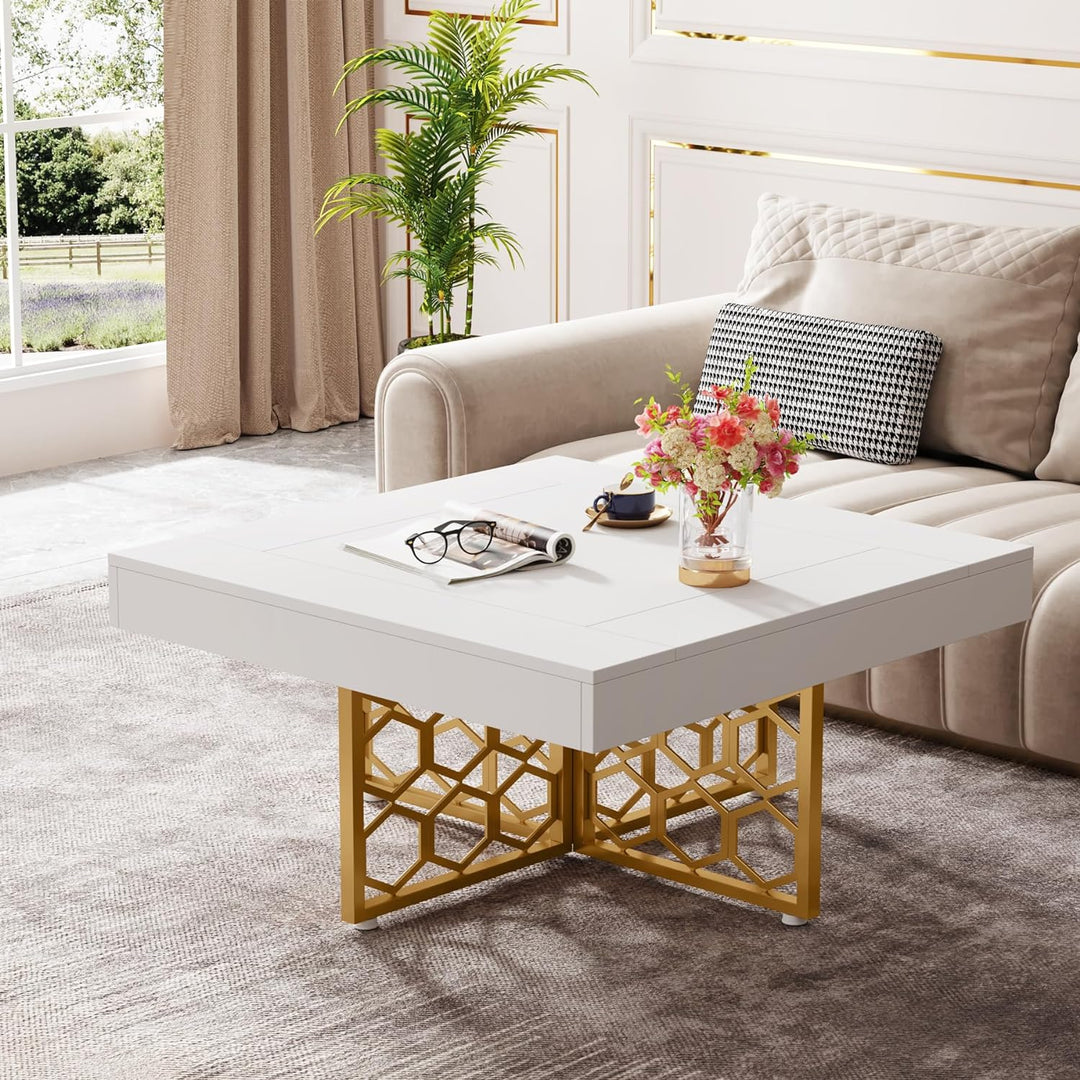 Elegant White and Gold Square Coffee Table for Living Room