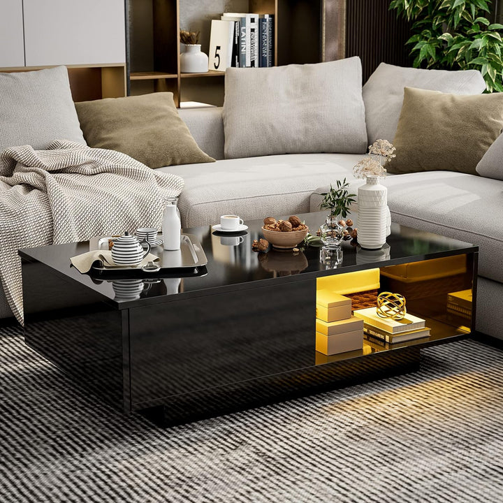 Modern High Glossy Coffee Table with LED Lighting, Black