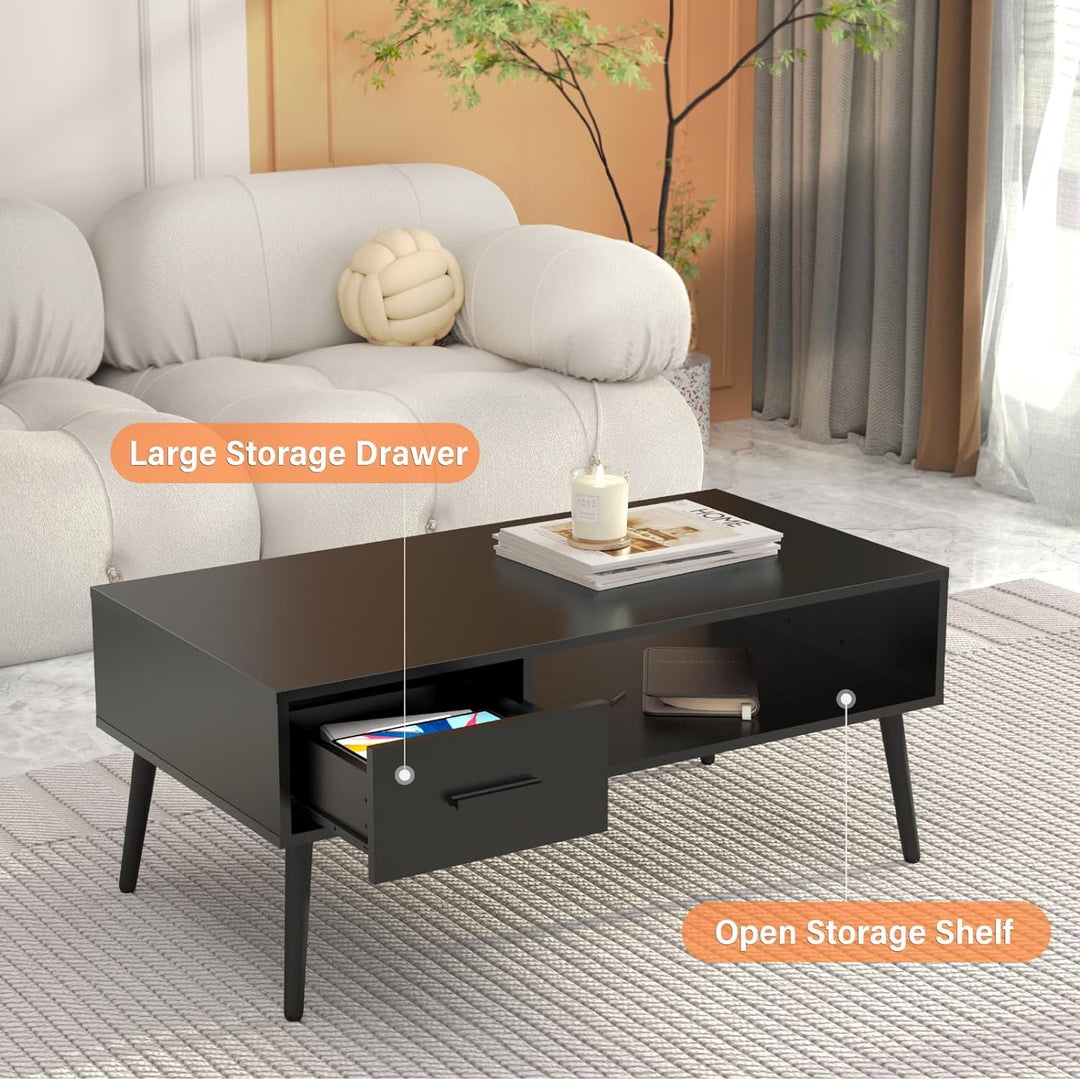 Stylish Mid-Century Modern Coffee Table with Storage, Black