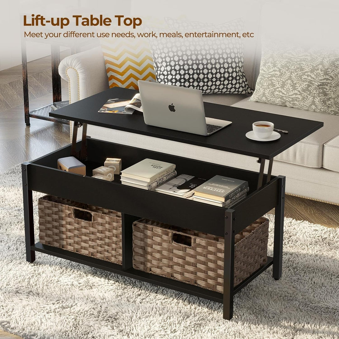 Rolanstar Coffee Table with Lift Top, Hidden Storage, Rattan Baskets, Black