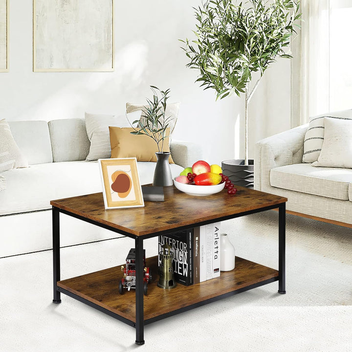 31.5in Industrial Coffee Table, Vintage Wood Look, Retro Brown