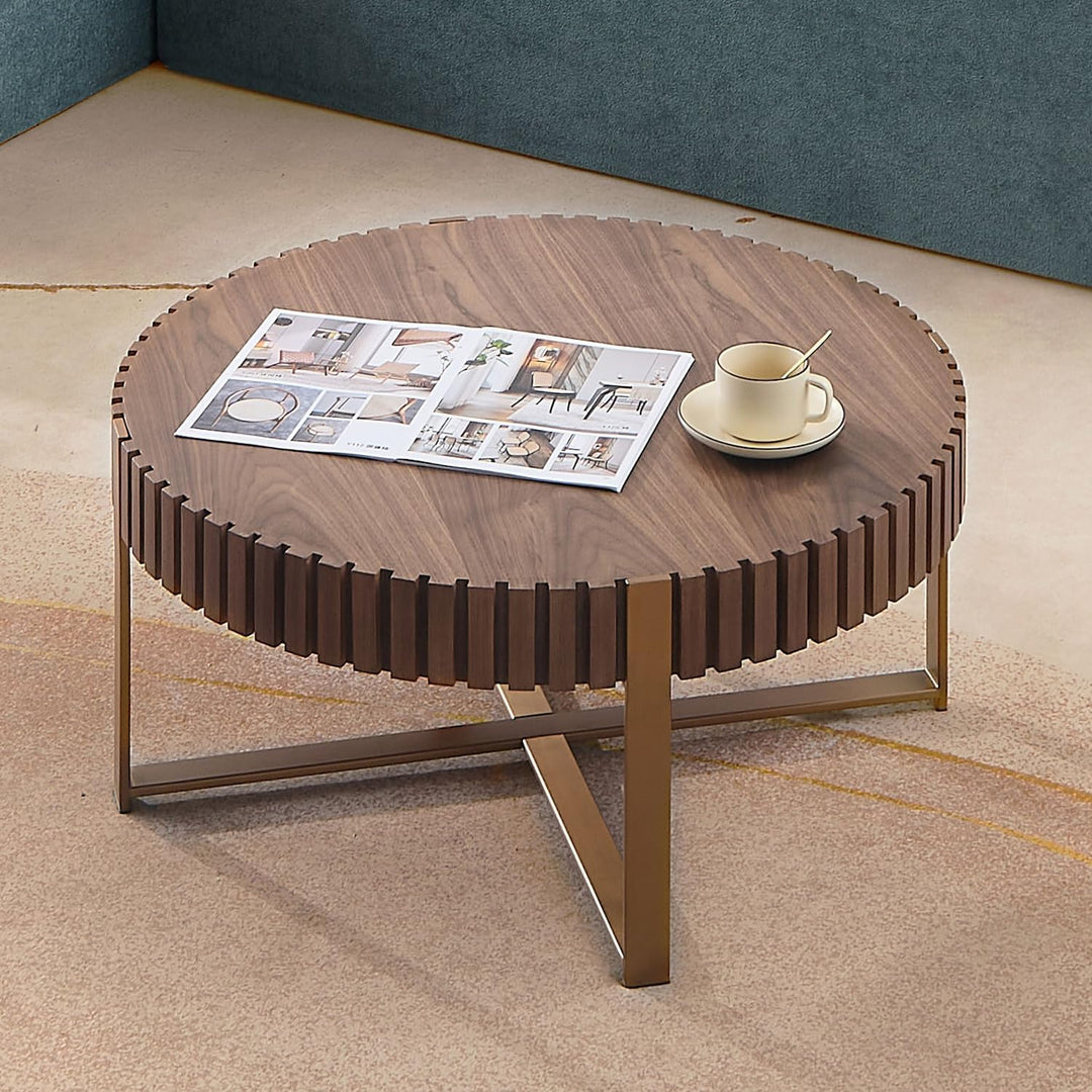 31.5" Round Farmhouse Coffee Table, Walnut, Sturdy Base