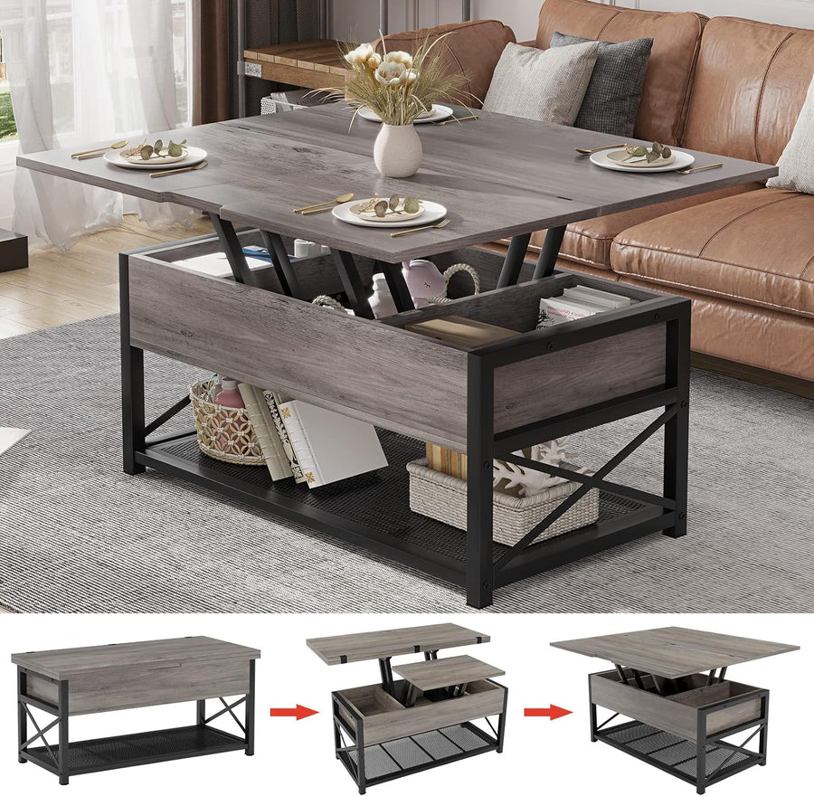 Lift Top Coffee Table with Storage, 3-in-1 Multi-Function Small Coffee Table for Living Room, Grey