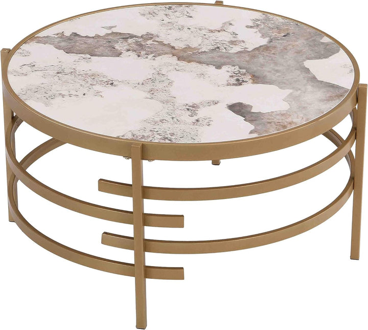 Sintered Stone Round Coffee Table Set, Modern Gold Circle Coffee Table, Gold-3pcs