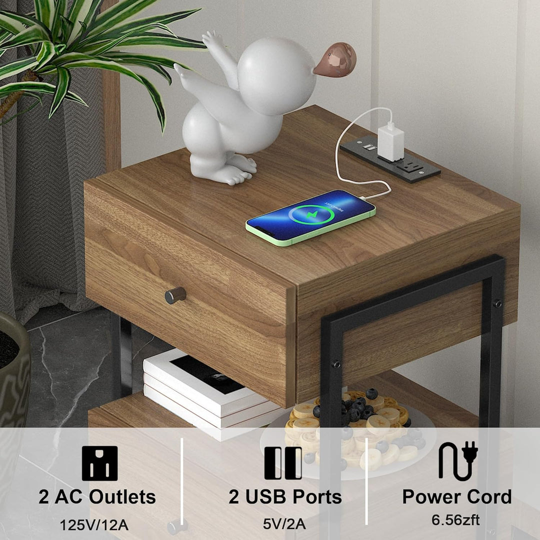 Nightstand Set of 2, USB Ports Outlets, Natural