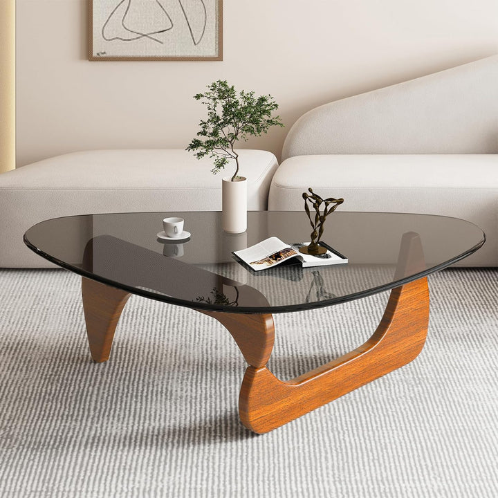 Triangle Glass Coffee Table, Mid-Century Modern End Table, Walnut Grey