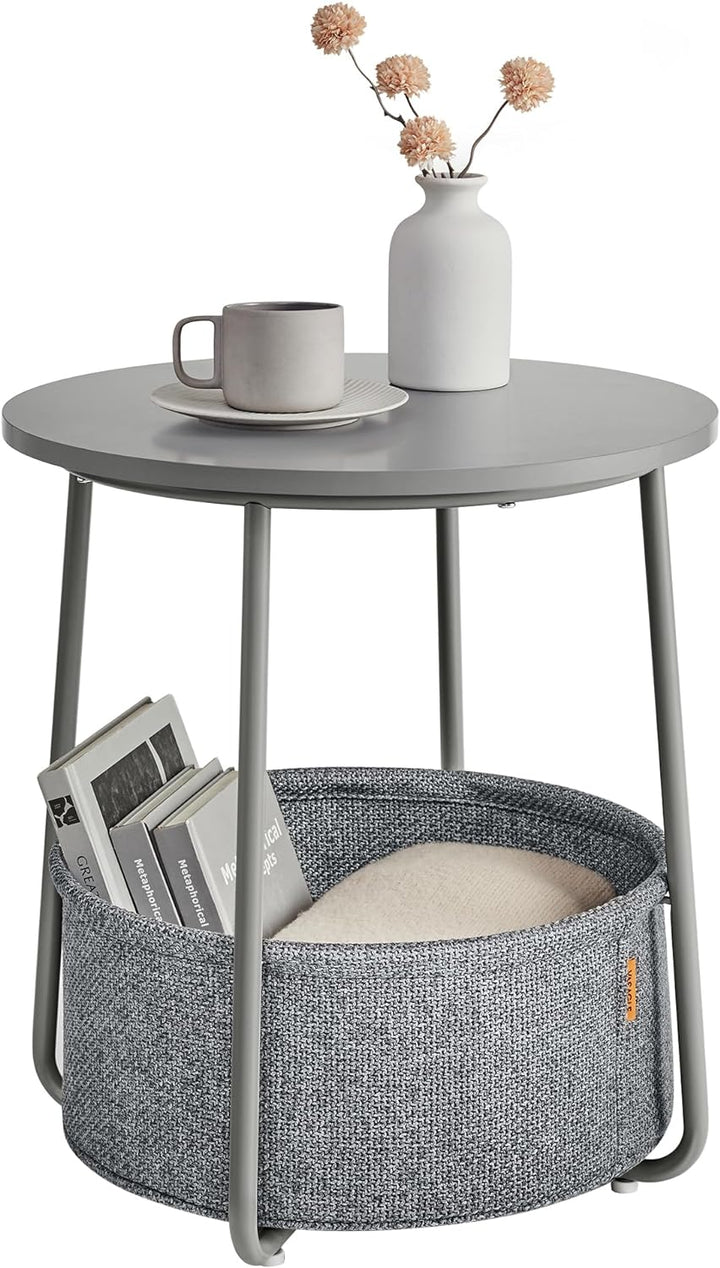 Small Round Side End Table, Fabric Basket, Gray