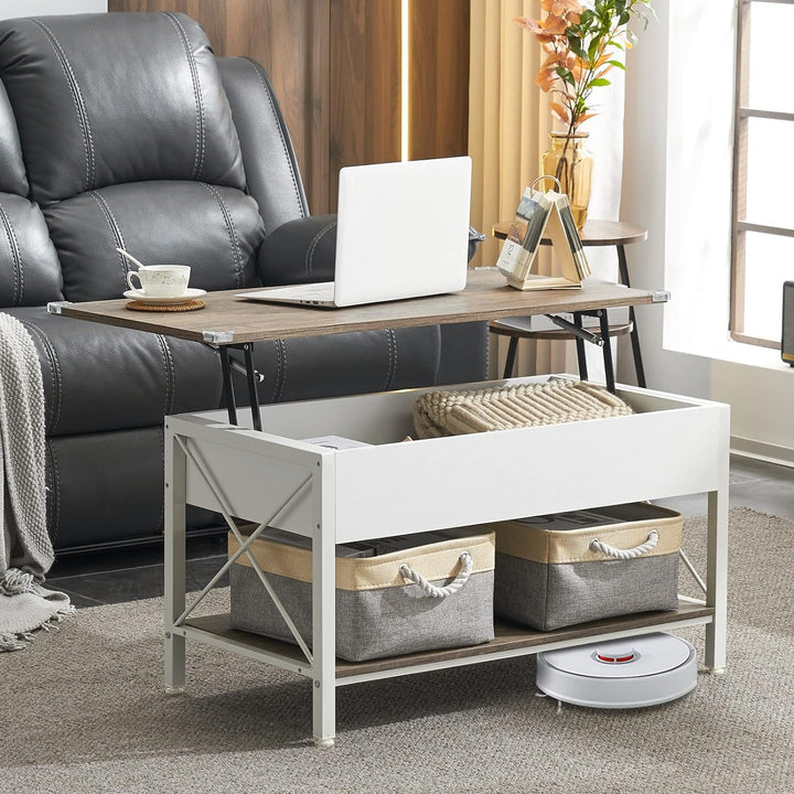 Lift Top Coffee Table with Storage Bins, White Walnut