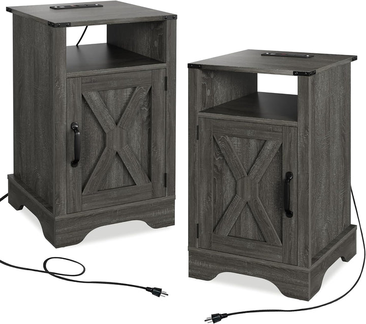 Nightstand Set of 2 with Charging Station, Tall Farmhouse Bedside Table with Large Storage and Shelf, Wooden End Table for Bedroom, Living Room(Dark Grey)