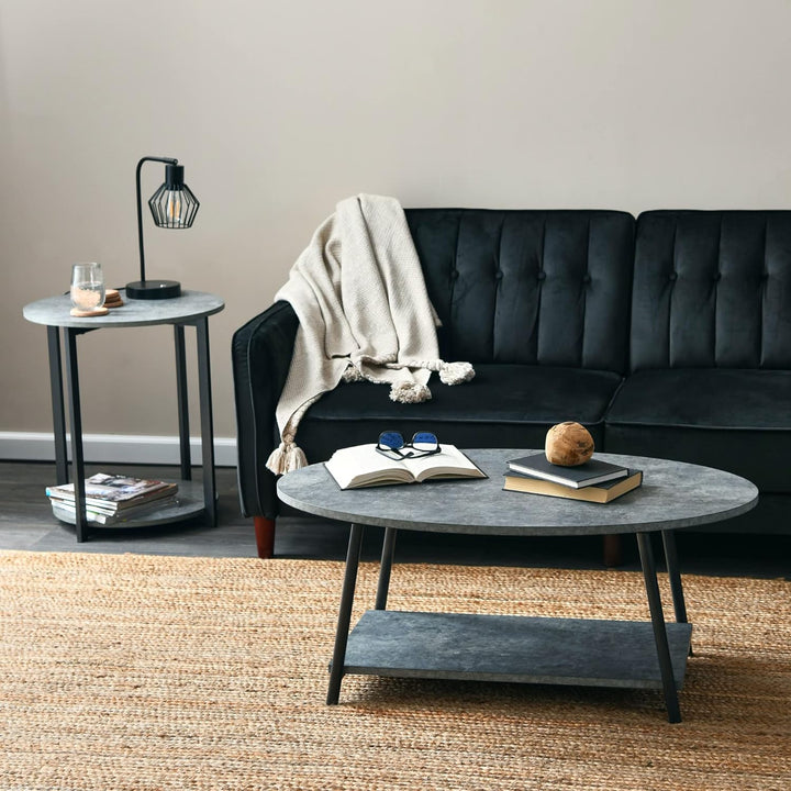 Oval Coffee Table with Storage Shelf, Rustic Slate Concrete and Black Metal, Grey