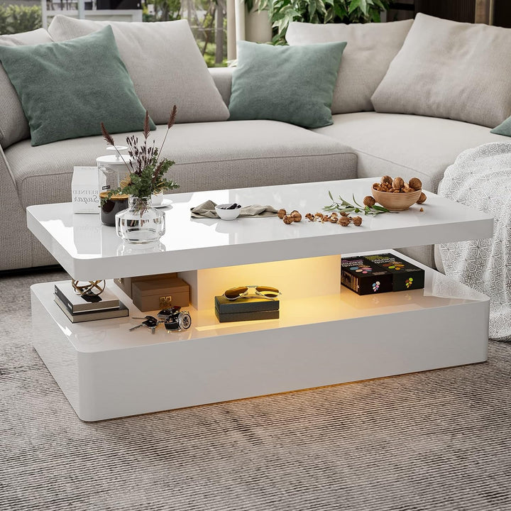 Modern High Glossy White Coffee Table with LED Lights, Contemporary