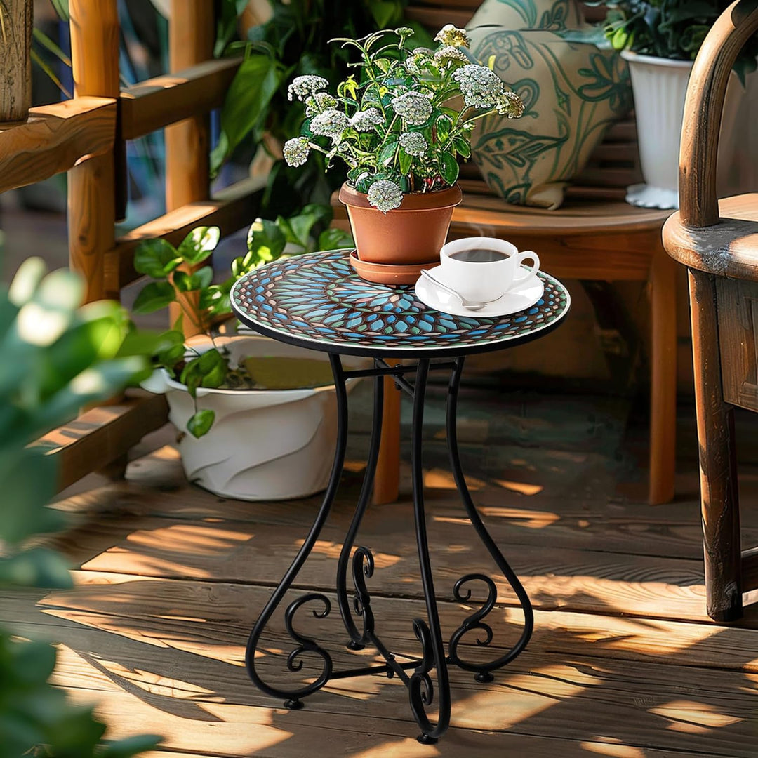 16" Round End Table, Metal Scrollwork Accent Side Table, Classic Brown