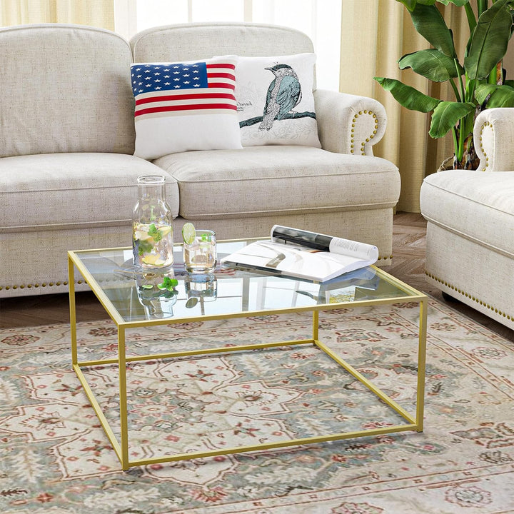 Glass Coffee Table Modern Center Table, Minimalist Coffee Table Sofa Side Tea Table for Living Room, Tempered Glass Top with Sturdy Metal Frame, Easy Assembly, Gold