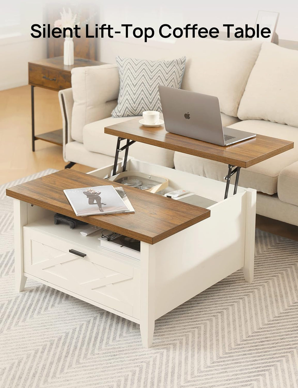 Evajoy Lift Top Coffee Table, Ergonomic Rising Table, Farmhouse Storage