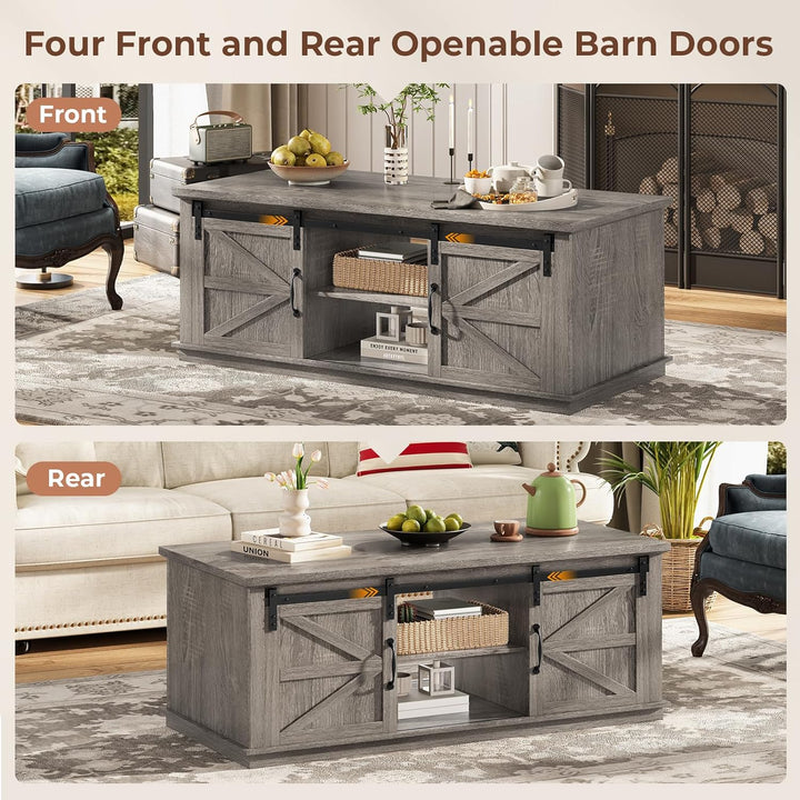 Rustic Farmhouse Coffee Table, Sliding Barn Doors, Adjustable Shelves, Walnut