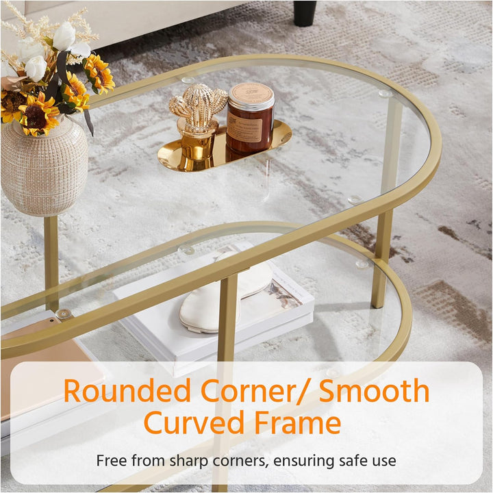 Elegant Gold Coffee Table, Oval Glass Top with Storage Shelf, Metal Frame