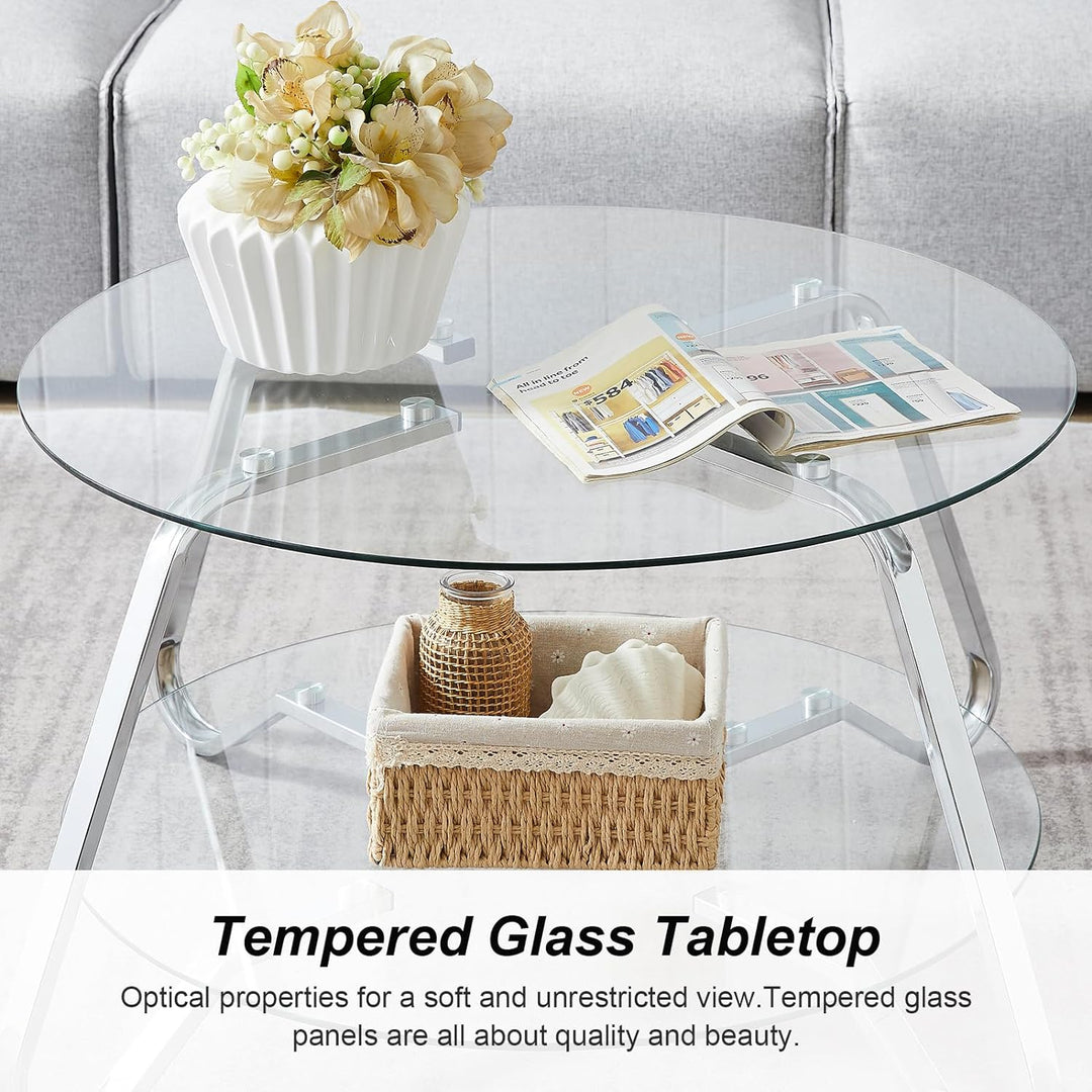 Elegant Modern Round Coffee Table, Metal Frame, Glass Tabletop, Silver