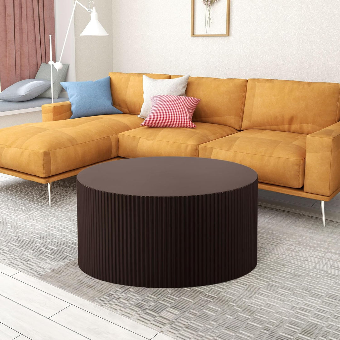 Modern Round Coffee Table Set, Nesting End Tables, Wood Drum