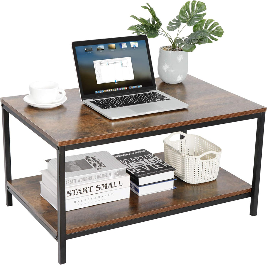 Rustic Industrial Coffee Table with Storage Shelf, Vintage Wooden Accent, Rustic Brown