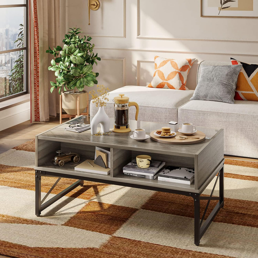 Bestier Wood Coffee Table with Glass Top, LED Lighting, Grey Wash