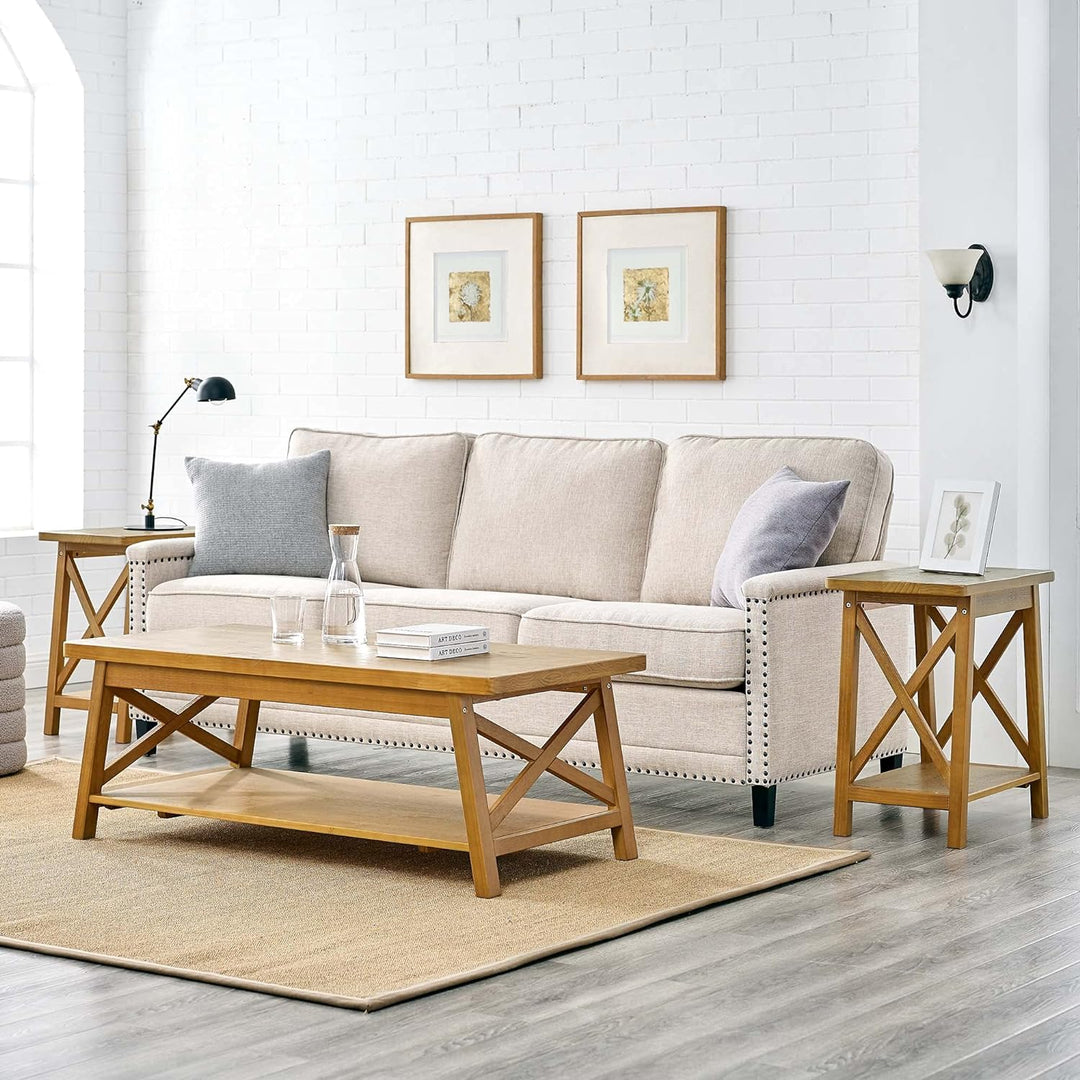 Modern Farmhouse Solid Wood Coffee Table with Storage Shelf, Rustic Oak