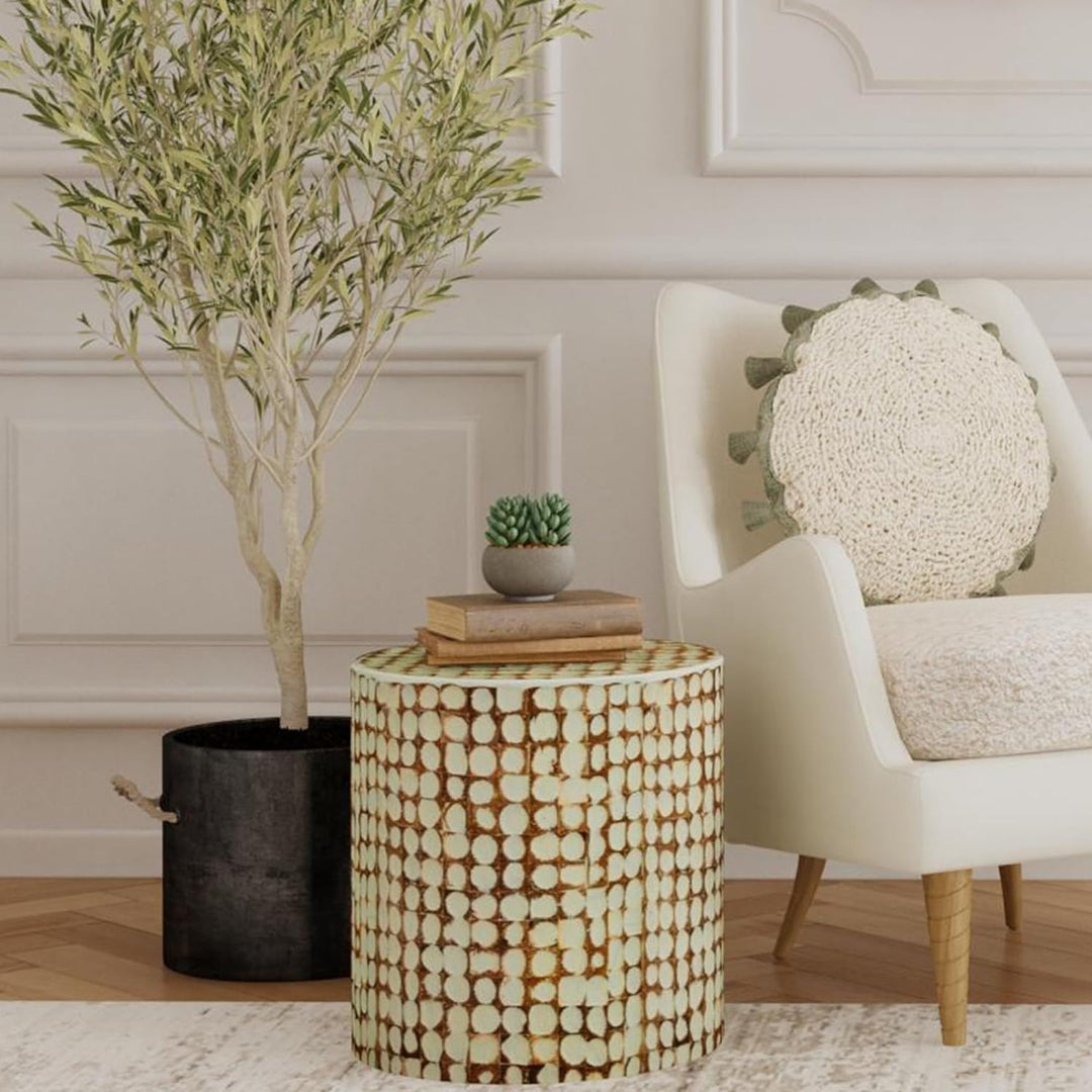 Round Side Table - Coconut Shell Mosaic (Sage)