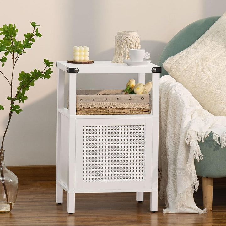 Rattan Nightstand, Side End Table with Storage