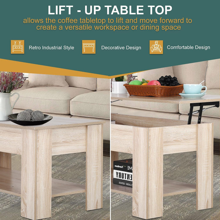 Lift Top Coffee Table with Hidden Storage, Wooden Dining Table, Natural