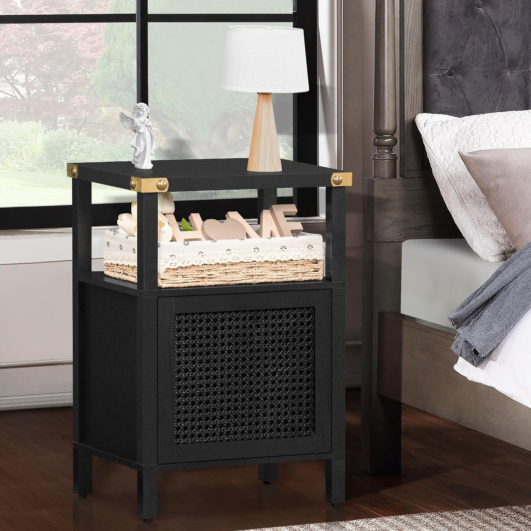 Rattan Nightstand, Side End Table with Storage