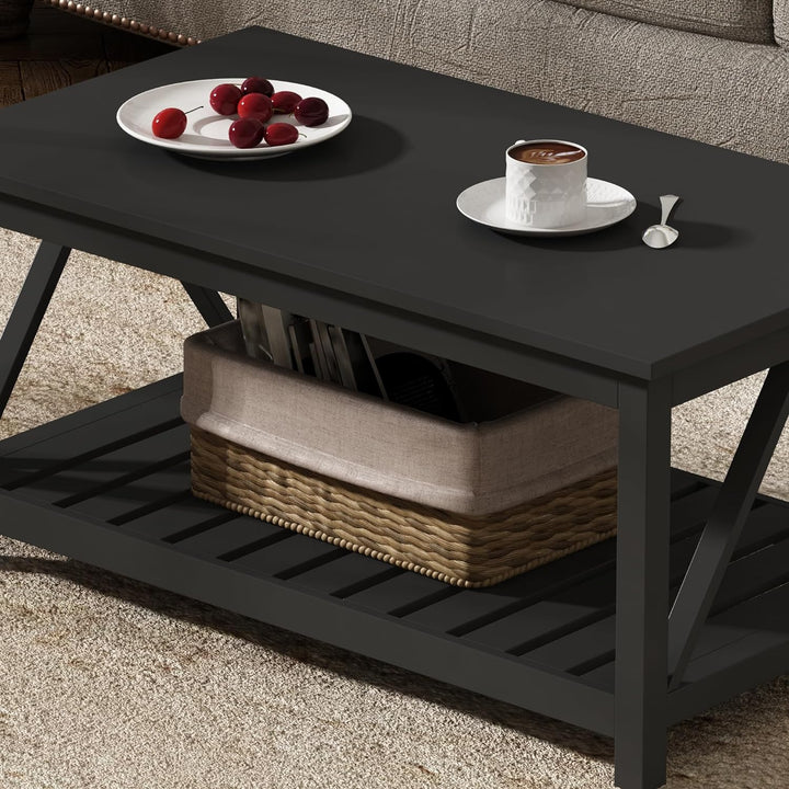 Rustic Vintage Coffee Table with Shelf, Pure Black