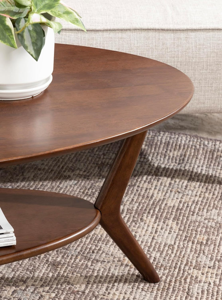 Nylah Mid-Century Modern Oval Coffee Table with Storage, Walnut Brown