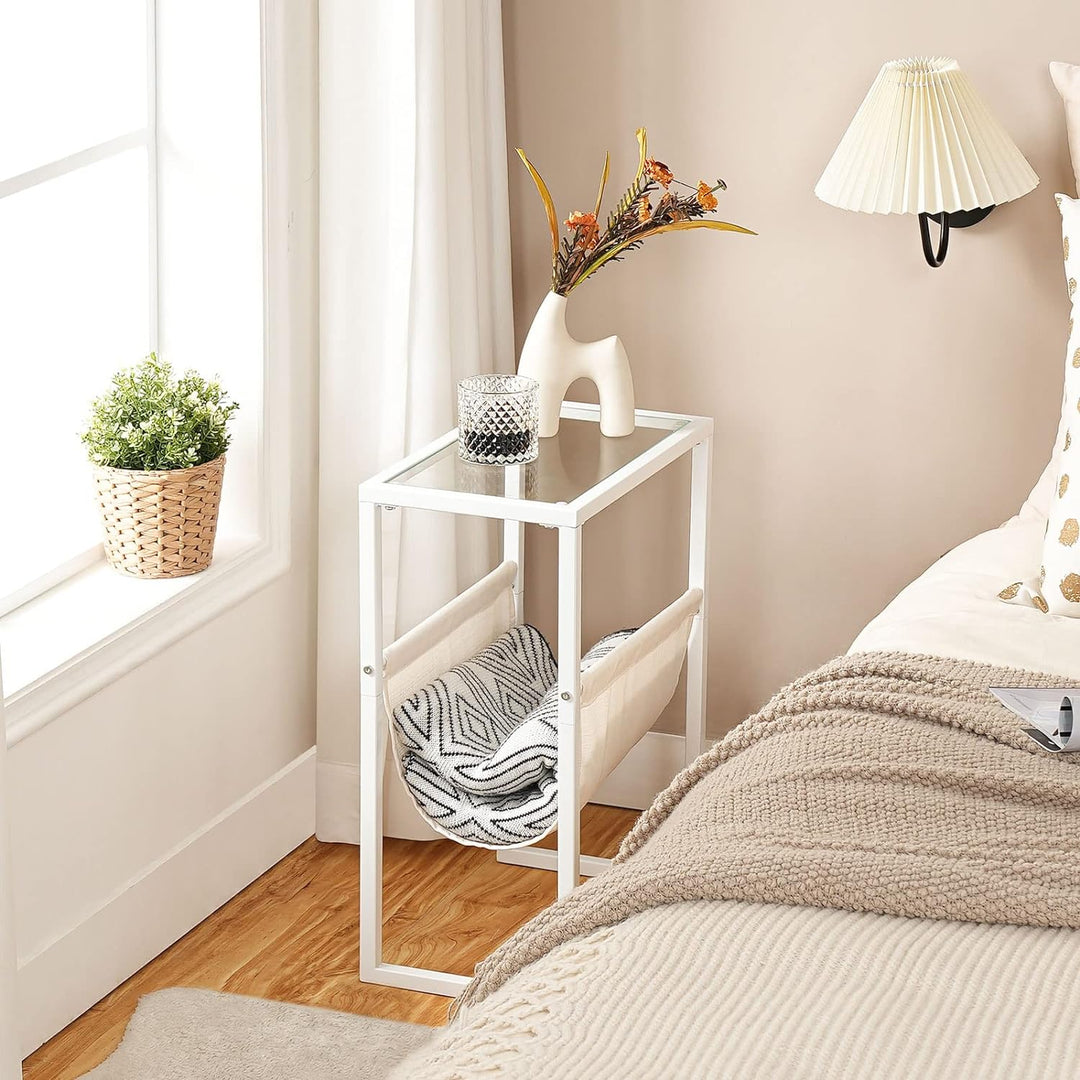 Narrow Side Table, Tempered Glass End Table, White