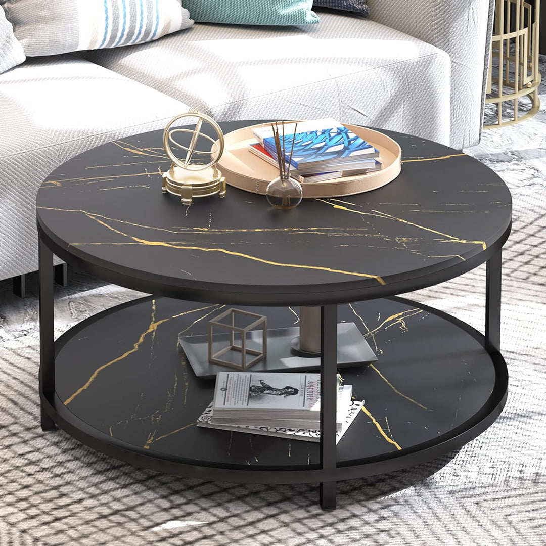 Faux Marble Top Round Coffee Table, Black