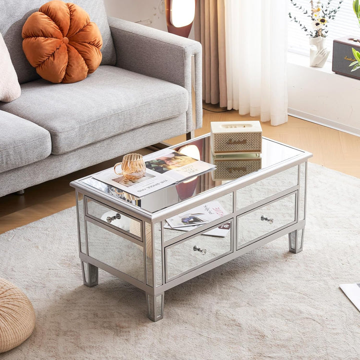 Mirrored Lift Top Coffee Table, Modern Living Room Furniture, Silver