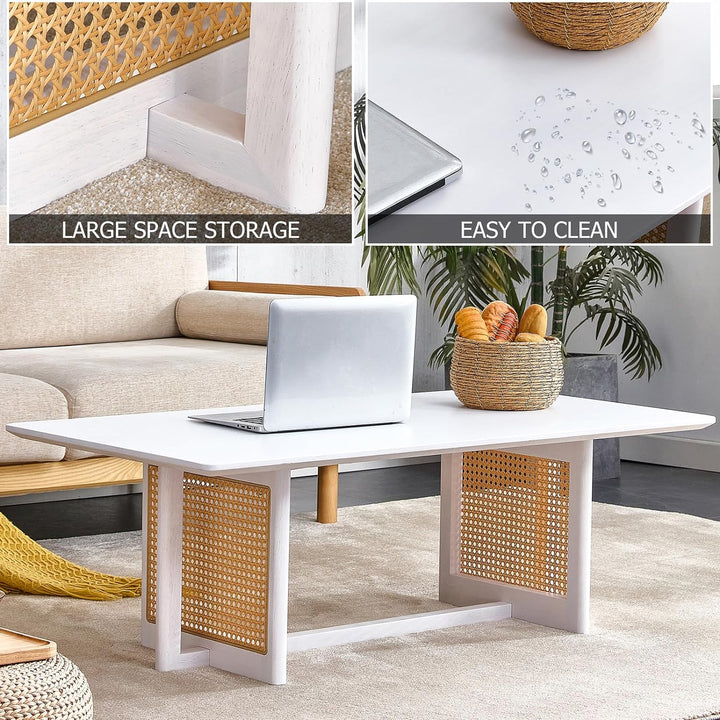 Modern Imitation Rattan Coffee Table, Rectangular Solid Wood, A-white