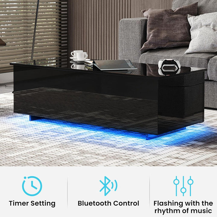 Elegant LED Coffee Table, 20 Color Options, Lift-Top Storage, Black