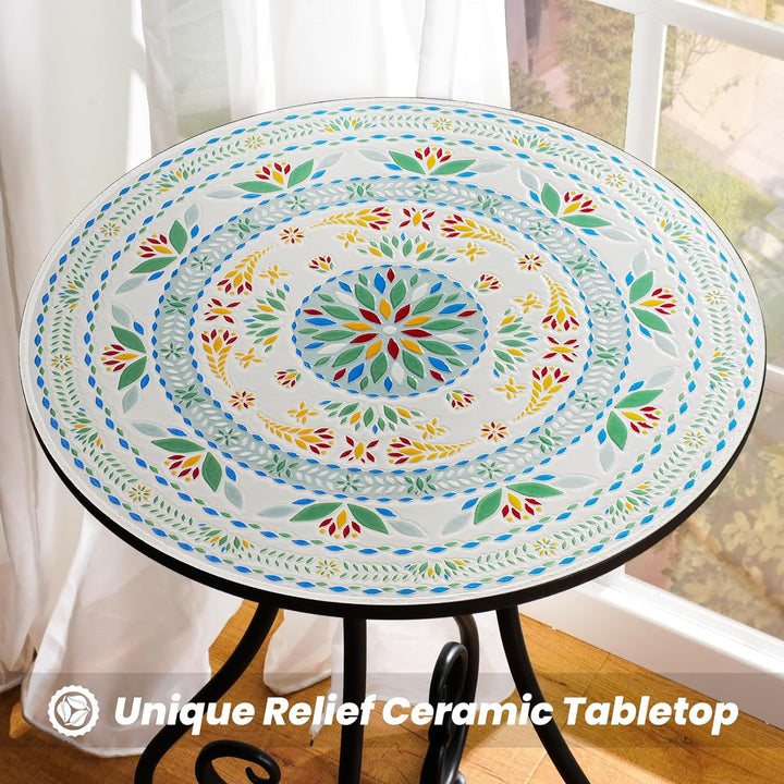 Side Table, 16" Round End Table, Unique Relief Ceramic Tile Tabletop with Metal Frame, Metal Scrollwork Accent Table