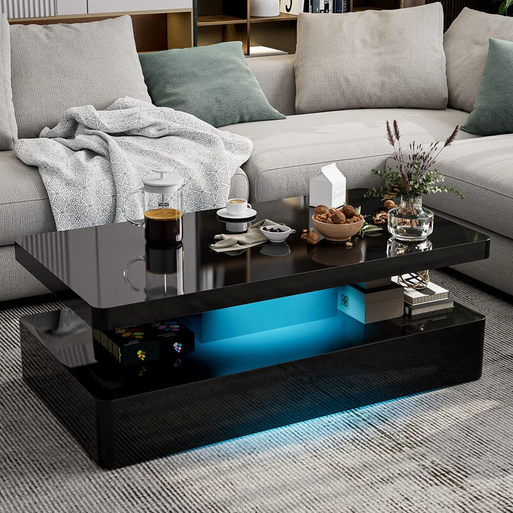 Modern High Glossy Black Coffee Table with LED Lights, Contemporary