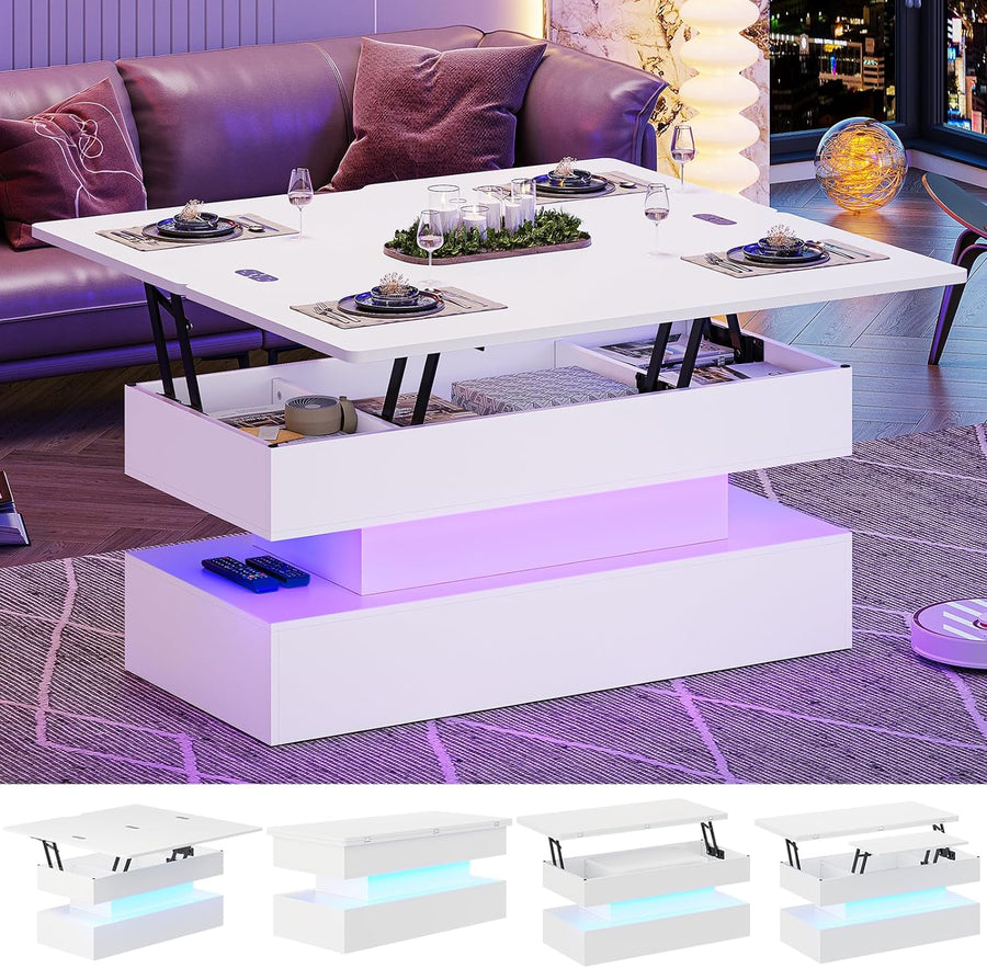 Lift Top Coffee Table with Storage and LED Light, White