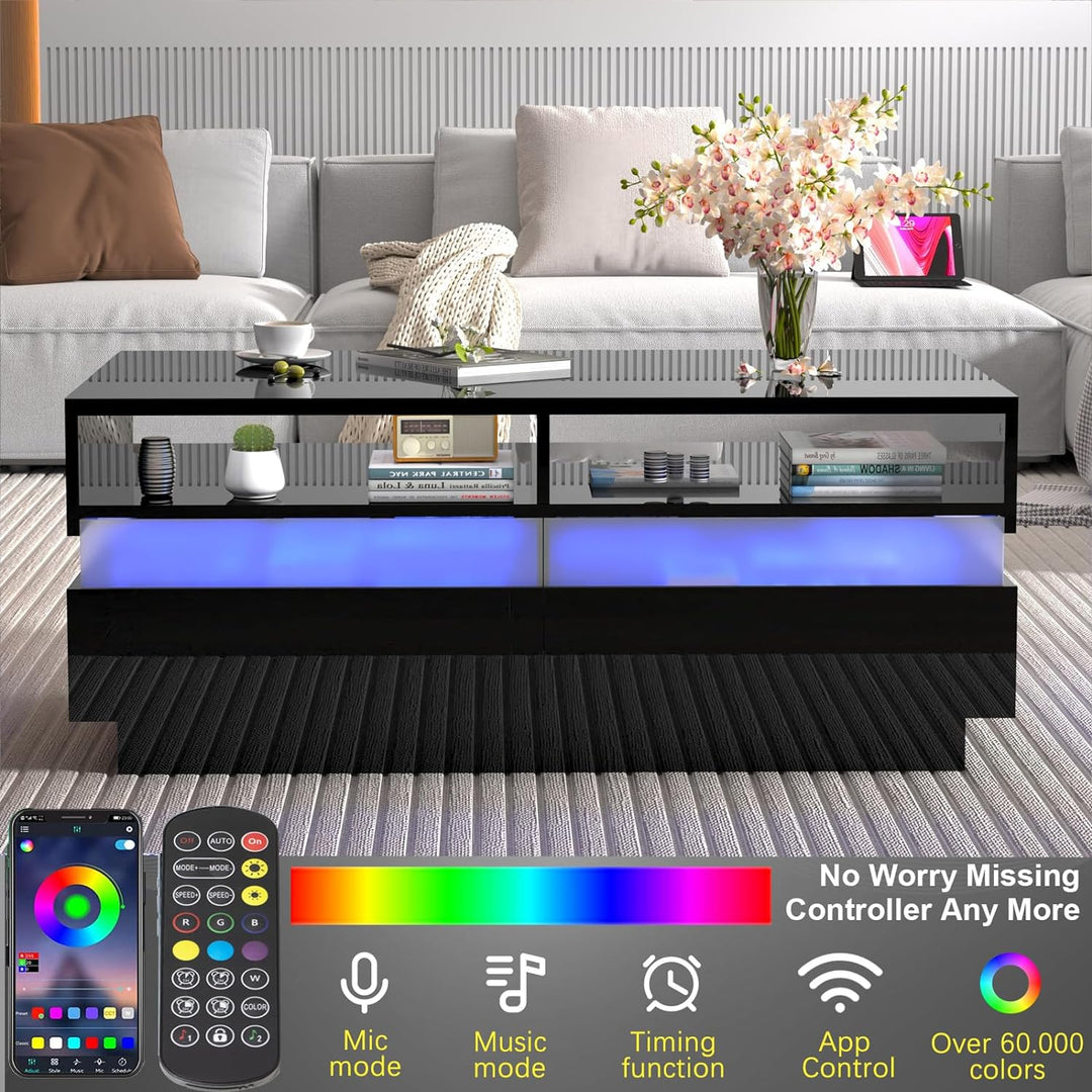 Modern High Gloss Black LED Coffee Table, 2-Tier, App Control